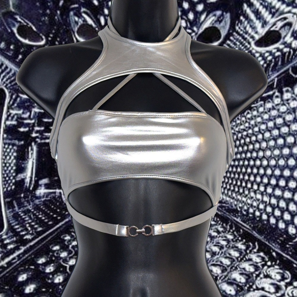 New XS Silver Metallic Cutout Halter Crop Top Rave Festival Bralette‎ Y2k